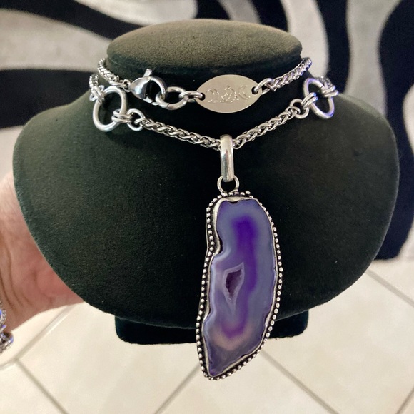 Silverskylight Jewelry - 925 sterling silver overlay Purple agate slice gemstone charm boho necklace .
